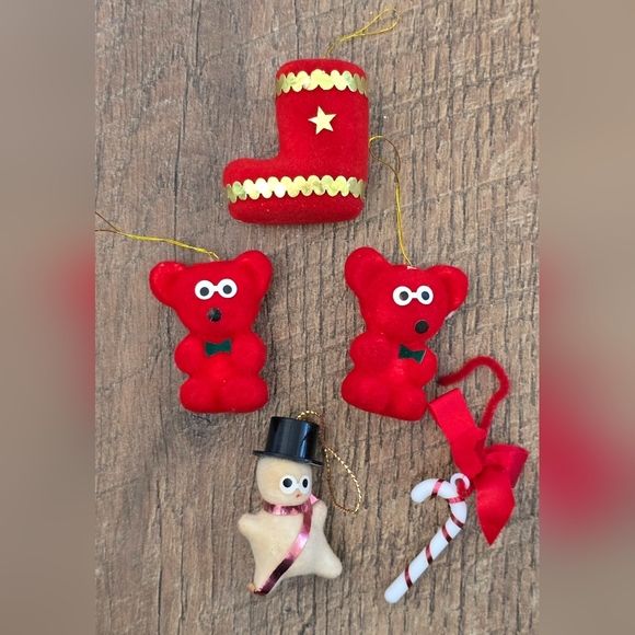 Other - Lot of 4 Vintage Miniature Flocked Christmas Ornaments Bear Snowman Boot